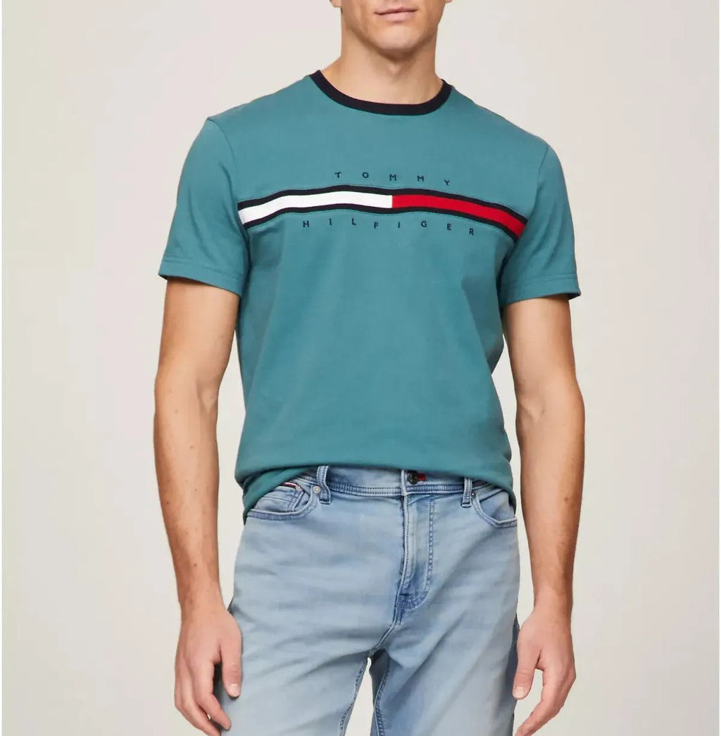 Tommy Hilfiger Flag Logo Ringer Short Sleeve T-Shirt Tee Teal
